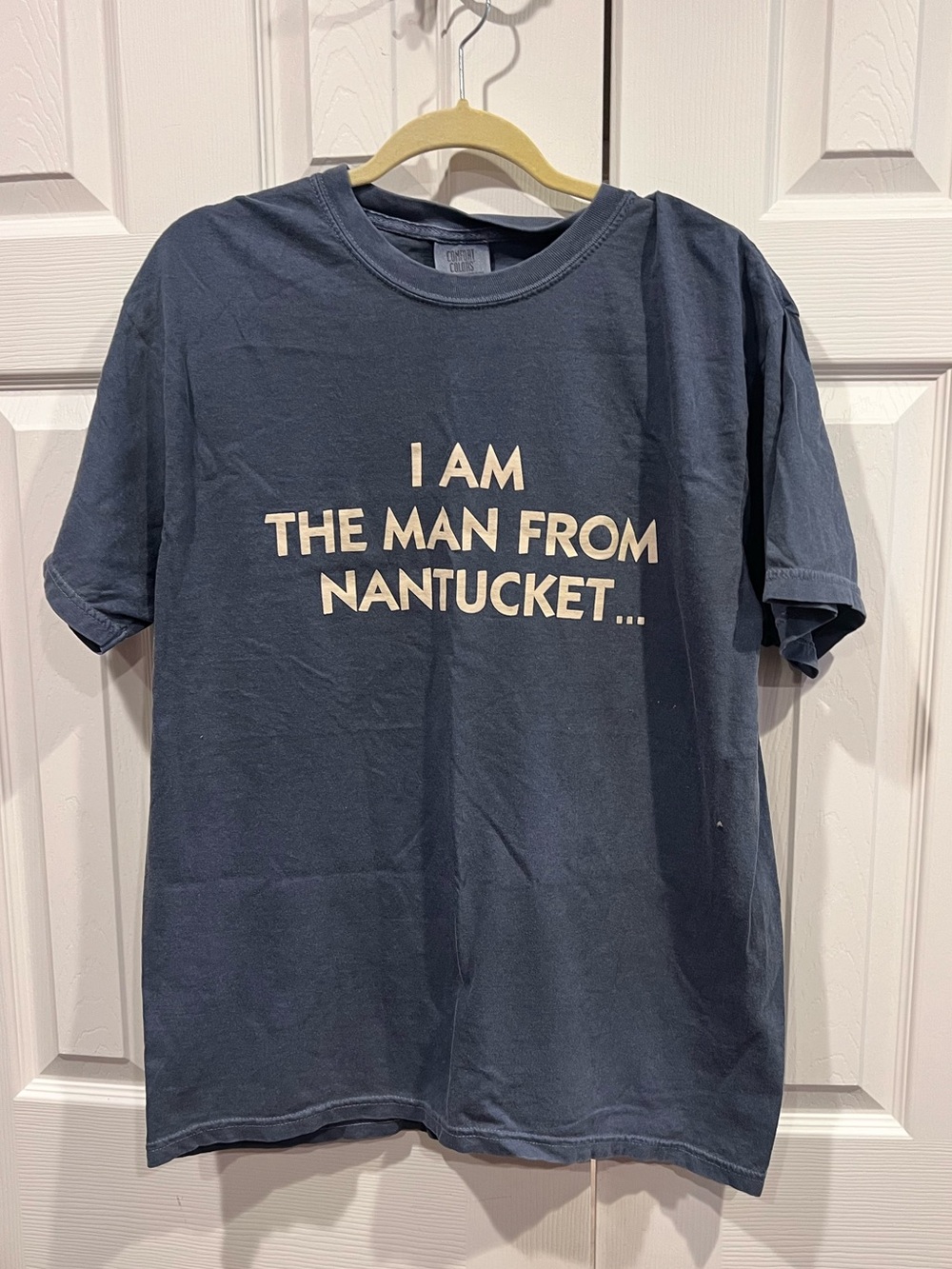 Comfort Colors Navy Short Sleeve Tee with Cream “Man From Nantucket” Text